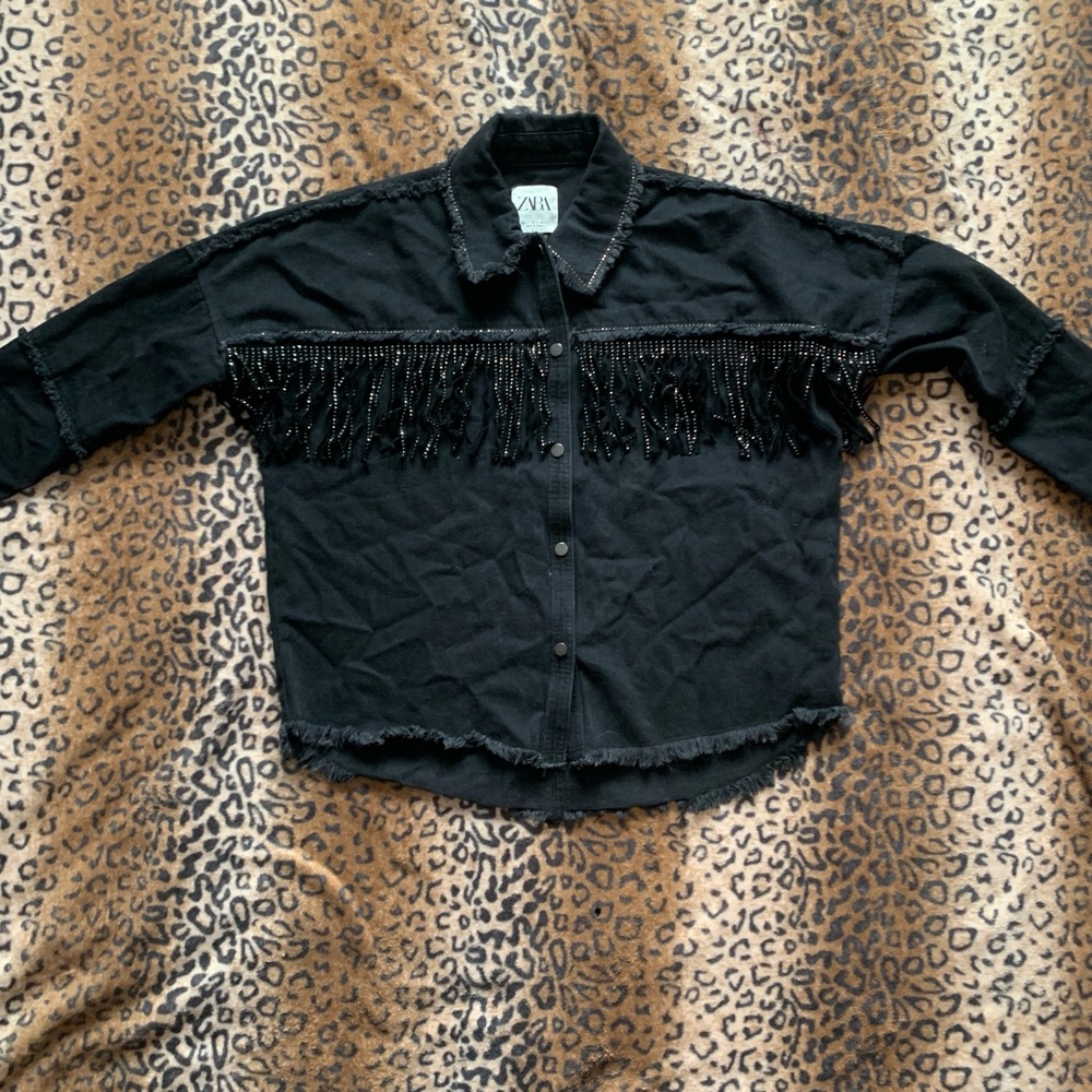 Zara Black Denim Fringe Button-Up jacket